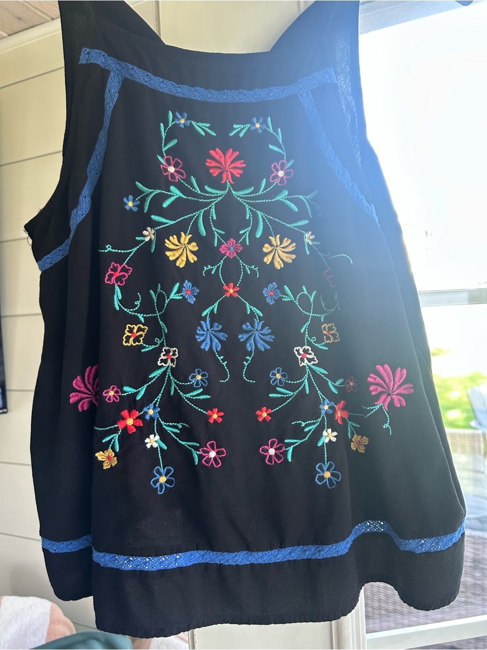 Black spaghetti strap tank top  with Colorful Floral Embroidery
